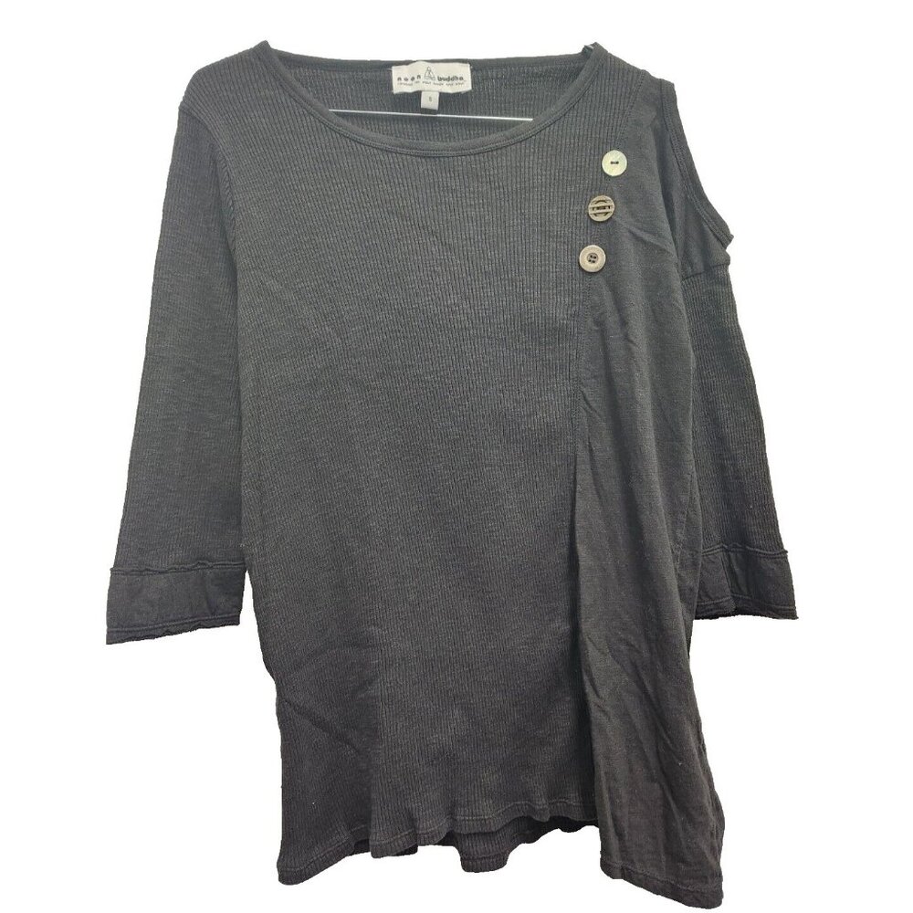 Neon Buddha Womens Lagenlook Tunic Top Size Small Black Cold Shoulder 3/4 Sleeve